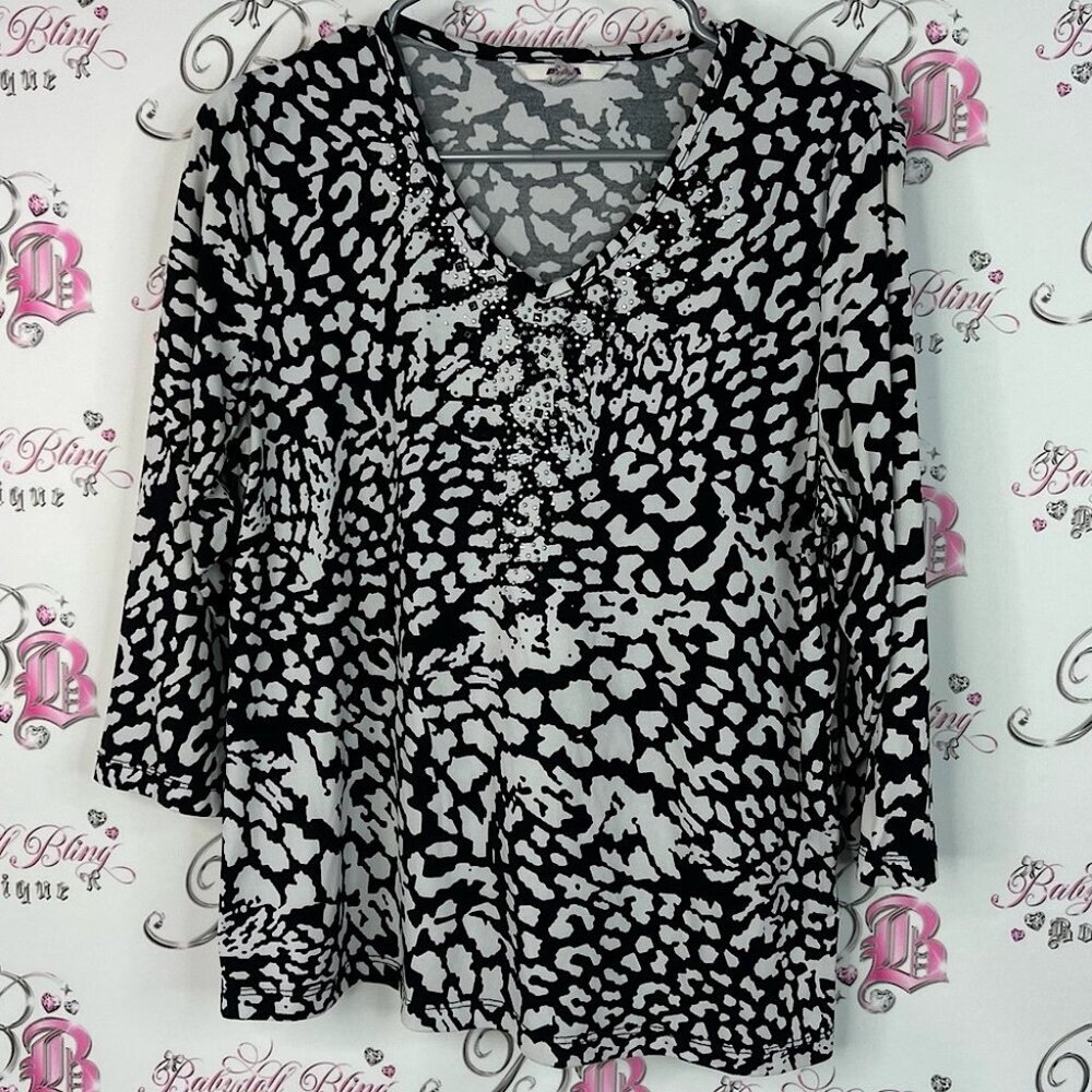 Alia long sleeve rhinestone bling crystal Black and White Patterned Blouse
